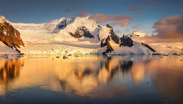 Antarctic Serenity.A breathtaking scene of snow-capped mountains reflected in the still waters of the Antarctic Ocean. The vastness of the icy landscape evokes a sense of peace and wonder.