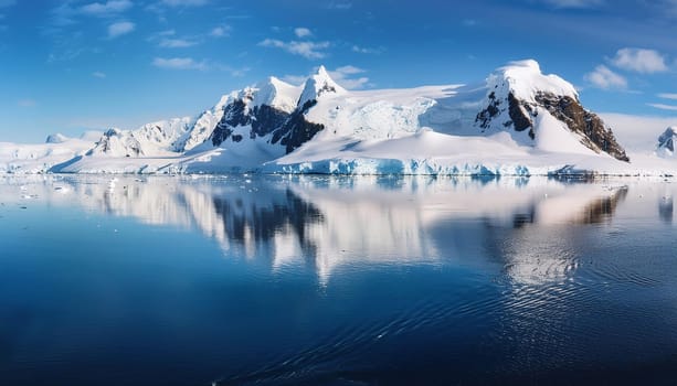 Antarctic Serenity.A breathtaking scene of snow-capped mountains reflected in the still waters of the Antarctic Ocean. The vastness of the icy landscape evokes a sense of peace and wonder.