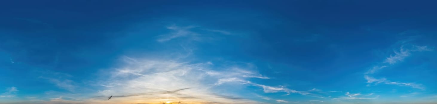 Sky panorama with Cirrostratus clouds in Seamless spherical equirectangular format as full zenith for use in 3D graphics, game and composites in aerial drone 360 degree panoramas for sky replacement