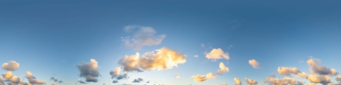 Sky panorama with Cirrus clouds in Seamless spherical equirectangular format. Full zenith for use in 3D graphics, game and editing aerial drone 360 degree panoramas for sky replacement