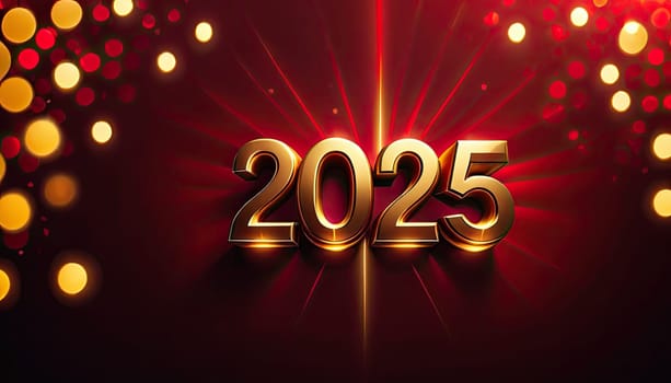 Golden digits 2025 on dark red background with bokeh lights, festive atmosphere, ideal for New Year event promotions