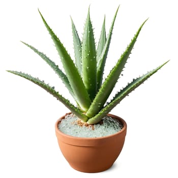 Aloe Vera thick succulent leaves jutting out from an angled terracotta pot with a splash. Plants isolated on transparent background.