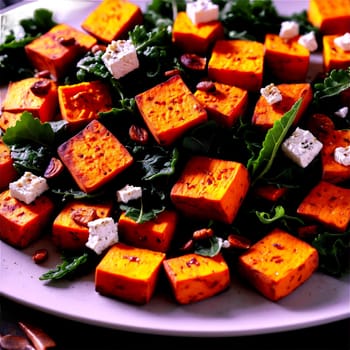 Roasted sweet potato salad components over finished dish roasted sweet potato cubes baby kale. Food isolated on transparent background.