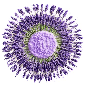 Lavender mandala a floral mandala of lavender buds with powder scattering and steam rising. Food isolated on transparent background.