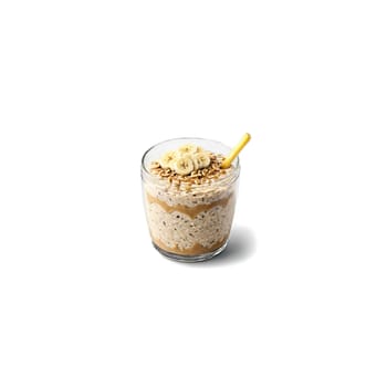 Peanut butter and banana overnight oats creamy oats layered with peanut butter and sliced bananas. Food isolated on transparent background.