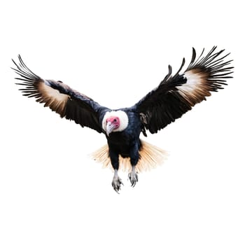Bird isolated on transparent background. Magnificent Andean condor Vultur gryphus soaring massive wingspan distinctive white ruff Animal photography.