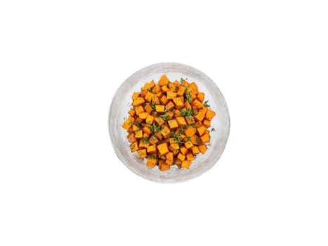 Sweet potatoes roasted and topped with a sprinkle of herbs served in a transparent glass. Food isolated on transparent background.