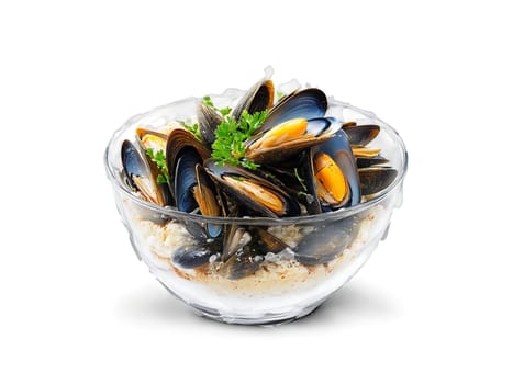 Mussels in white wine sauce with crusty bread on the side on a transparent glass. Food isolated on transparent background.