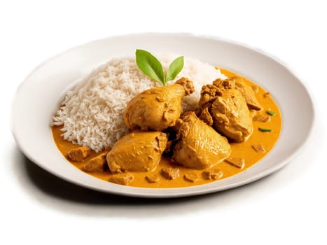 Rendang Ayam Tender chicken pieces simmered in rich fragrant coconut milk based curry infused. Food isolated on transparent background.
