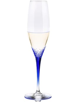 Orrefors Intermezzo Blue Drop Champagne glass, cobalt blue crystal stem, shimmering pale champagne, dynamic diagonal composition, dramatic spotlight, pure white background.