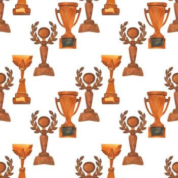 Competition winner prize: seamless pattern with sparkling cups and medals. Design of the award ceremony in watercolor