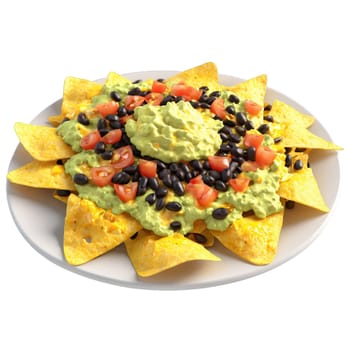 Breakfast nachos with crispy tortilla chips topped with scrambled eggs black beans salsa guacamole and. close-up food, isolated on transparent background