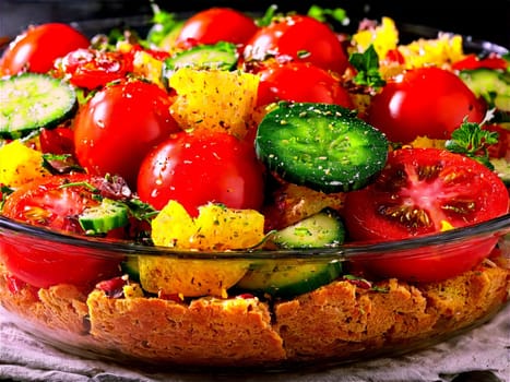 Panzanella Tuscan bread salad with ripe tomatoes and cucumbers served on a transparent glass dish. Food isolated on transparent background.