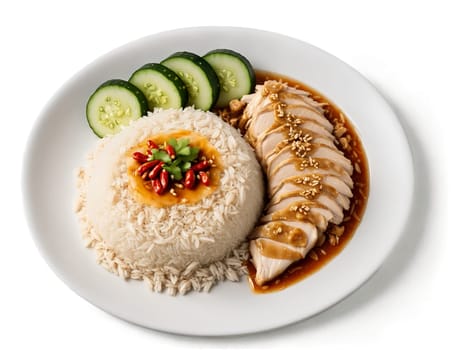 Hainanese Chicken Rice Tender poached chicken served over fragrant ginger infused rice accompanied by tangy. Food isolated on transparent background.