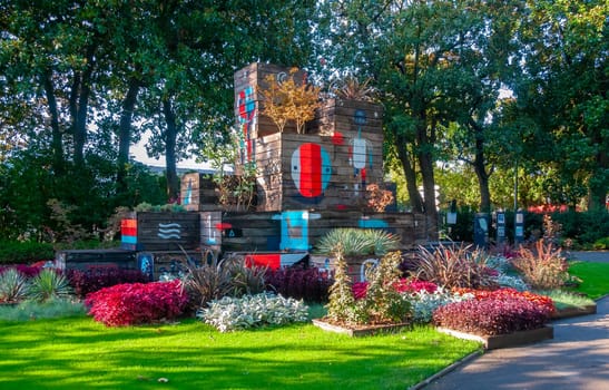 NANTES, FRANCE - SEPTEMBER 12, 2017: Landscaping park design, design solution of wooden structures and flowers in a city park in Nantes, France