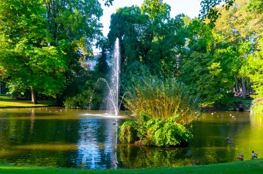 NANTES, FRANCE - SEPTEMBER 12, 2017:  fountain, The Botanical Garden is located across the street from Nantes Railway Station