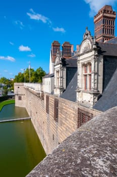 FRANCE, NANTES -  September 12, 2017:  the Chateau Des Ducs De Bretagne or Castle of the Dukes of Brittany, Fortified wall of castle