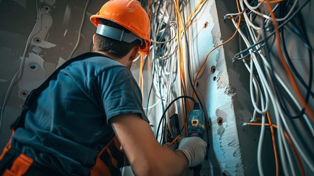 A professional electrician wearing safety gear works on electrical wiring inside a wall, highlighting the technical and safety aspects of electrical work.