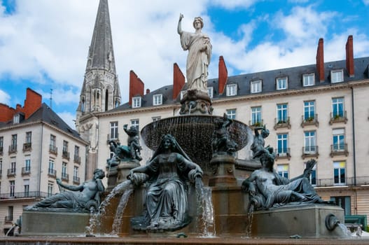 NANTES, FRANCE - SEPTEMBER 12, 2017: Fountain on the Place Royal in Nantes, France, Loire-Atlantique