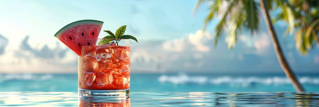 A glass of watermelon cocktail garnished with a slice of watermelon and a sprig of mint, set against a backdrop of an ocean at sunset.