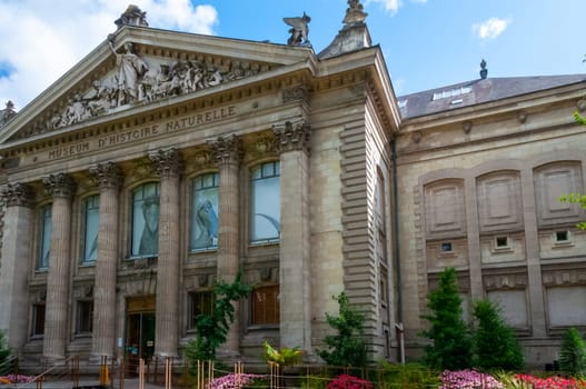 NANTES, FRANCE - SEPTEMBER 12, 2017: architectural elements and columns on the historical building MUSEUM HISTOIRE NATURELLE in Nantes, France