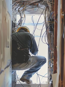 An electrician works on electrical wiring within an open wall cavity, showcasing the intricate wiring, connectors, and tools involved in electrical work.
