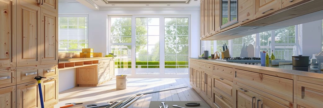 A renovated modern kitchen with new cabinets, countertops being installed, and tools scattered, showcasing the transformation from old to new with focus on quality and style.