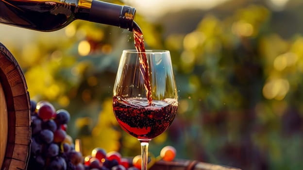 glass of wine on a wooden barrel. selective focus. Generative AI, drink