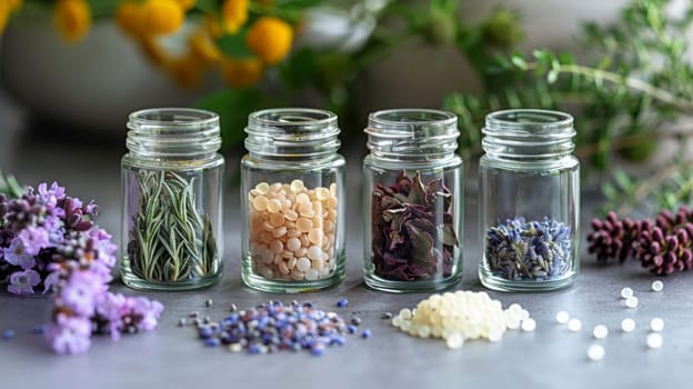 Homeopathy in small jars. Herbal extract. Selective focus. Generative AI,