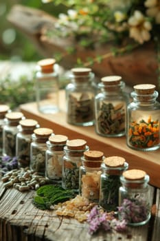 Homeopathy in small jars. Herbal extract. Selective focus. Generative AI,