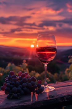 glass of wine on a wooden barrel. selective focus. Generative AI, drink