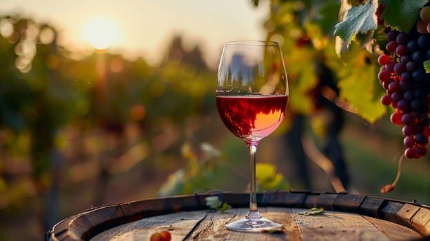 glass of wine on a wooden barrel. selective focus. Generative AI, drink