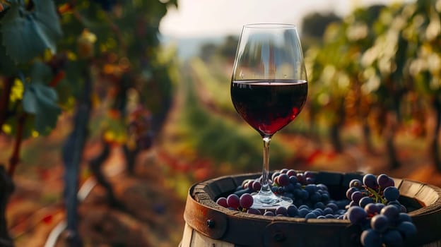 glass of wine on a wooden barrel. selective focus. Generative AI, drink
