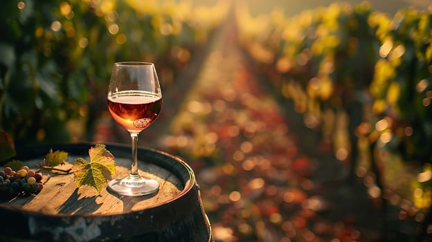 glass of wine on a wooden barrel. selective focus. Generative AI, drink
