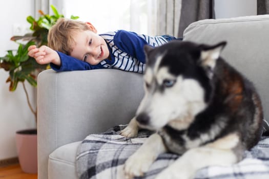 Smiling boy lying on a sofa and playing with a husky dog at home.