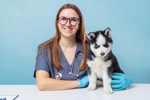 A female veterinarian smiling and holding a husky puppy on a blue background. Studio portrait emphasizing pet care and veterinary services.