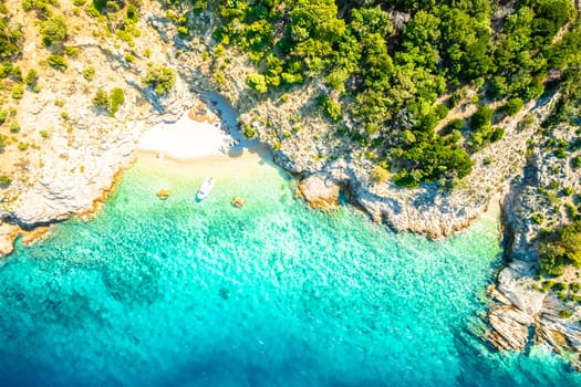 Idyllic hidden beach near Lubenice aerial view, Cres island of Croatia