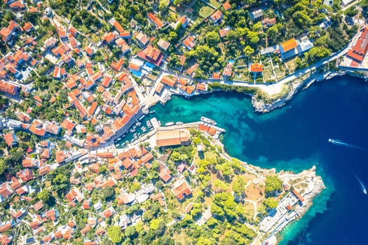 Veli losinj bay and architecture aerial view, Island of Losinj, archipelago of Croatia