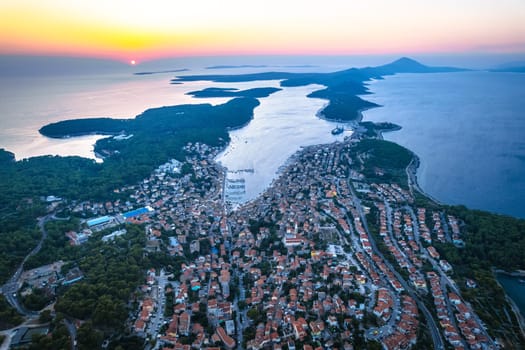 Town of Mali Losinj aerial panoramic sunset view, Losinj archipelago of Croatia