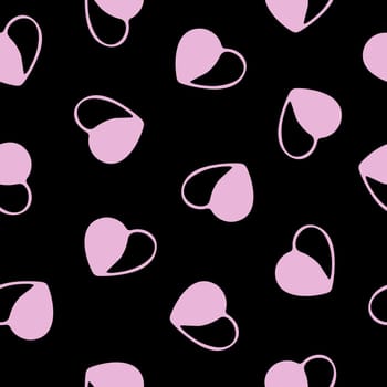 Hand Drawn Seamless Patterns with Hearts in Doodle Style. Romantic Love Digital Paper for Valentines Day. Colorful Hearts on Black Background.