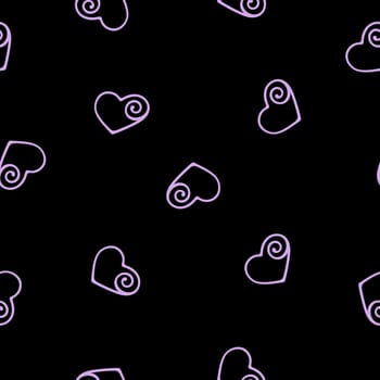 Hand Drawn Seamless Patterns with Hearts in Doodle Style. Romantic Love Digital Paper for Valentines Day. Colorful Hearts on Black Background.