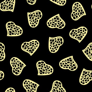 Hand Drawn Seamless Patterns with Hearts in Doodle Style. Romantic Love Digital Paper for Valentines Day. Colorful Hearts on Black Background.