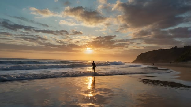 A lone surfer stands at the water's edge, preparing to ride the gentle waves as the sun sets over the horizon. The sky is painted with hues of orange and pink, reflecting beautifully on the wet sand. The sound of crashing waves accompanies the peaceful atmosphere.