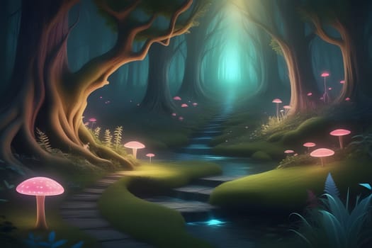 A serene pathway weaves through a mystical forest, illuminated by a soft, glowing light. Vibrant pink mushrooms dot the lush greenery, while a gentle stream flows nearby. The trees frame the scene, creating an inviting atmosphere that hints at magic and adventure.