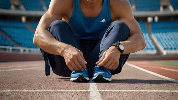 A focused athlete crouches on the track, tying shoelaces in preparation for an upcoming sprint. The vibrant stadium is filled with blue seating, creating a vibrant backdrop for the event.