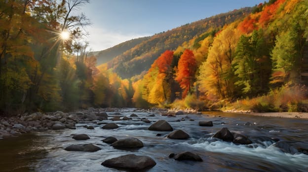 Golden sunlight illuminates a picturesque river as it winds through a vibrant autumn forest. The trees are adorned with brilliant shades of red, orange, and yellow, creating a stunning backdrop against the serene water. Smooth rocks are visible along the riverbank, enhancing the tranquil atmosphere of this breathtaking natural scene.