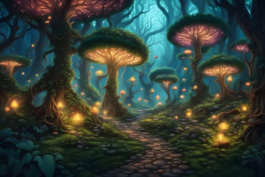 A serene forest path winds through towering trees with luminous mushroom caps, casting a magical glow in the dim light of twilight. The vibrant colors and enchanting ambiance create a tranquil atmosphere, inviting exploration and wonder.