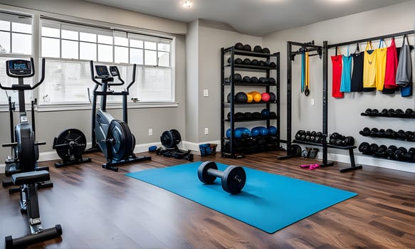 A home gym with a variety of equipment, including exercise machines, weights, and a yoga mat. The space is well-lit and has large windows, making it a pleasant place to work out.