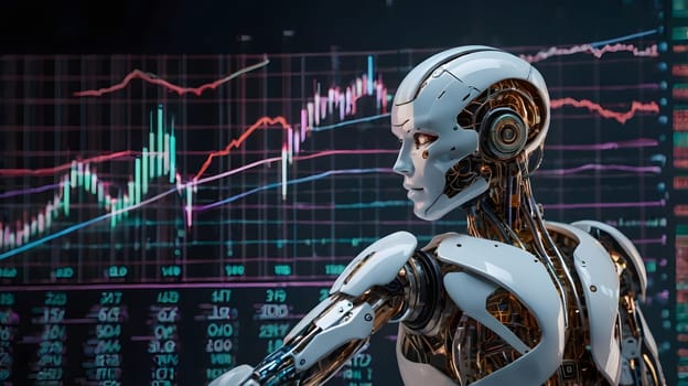 A humanoid robot with intricate components stands in front of digital financial data displays. The background features colorful graphs and statistics, indicating fluctuations in the market. The robot appears focused as it processes information related to trading performance and trends.
