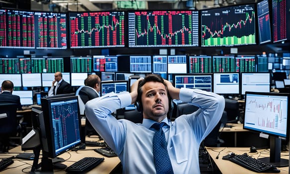 A man in a blue shirt and tie sits in a trading room, his hands on his head, watching multiple computer monitors displaying stock market data. His expression is one of stress and concern as he observes the fluctuating numbers. Other traders are also visible in the background, working at their stations.